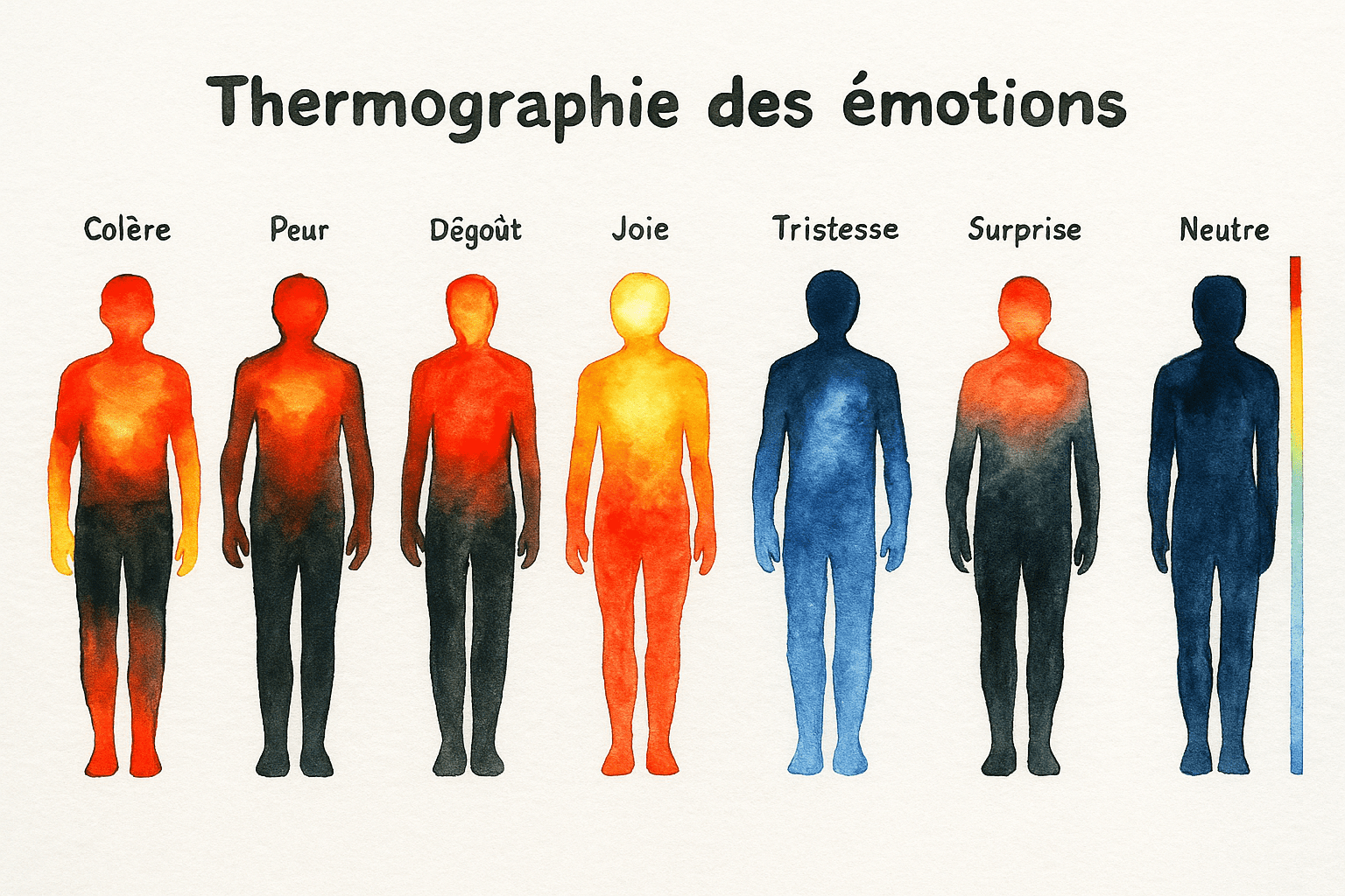thermographie des émotions, silhouettes colorées en fonction d'émotions positives ou négatives